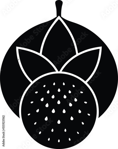 Passion Fruit Icon: A stylized black and white icon of a passion fruit, halved to reveal its seeds.  The design is simple yet evocative of the fruit's tropical origins and vibrant flavor.