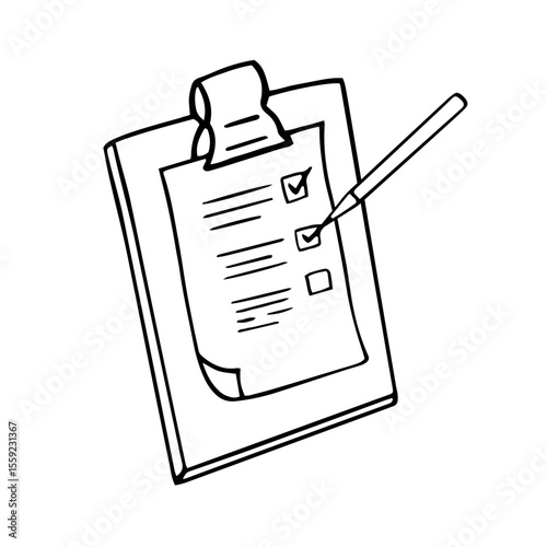 Checklist on Clipboard with Pencil Doodle Illustration. Medical examination or test on the board. Quality audit, control document on board with paper clip in sketch style