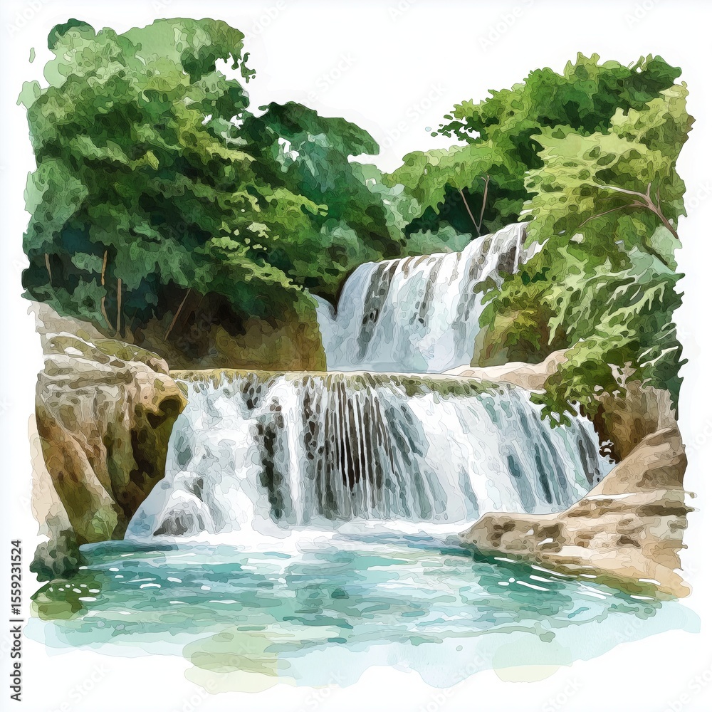 Naklejka premium Dunn’s River Falls. Dunn’s River Falls hand drawn watercolor illustration