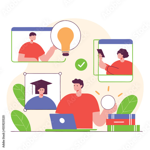 Diverse individuals collaborating and learning through online platforms and resources