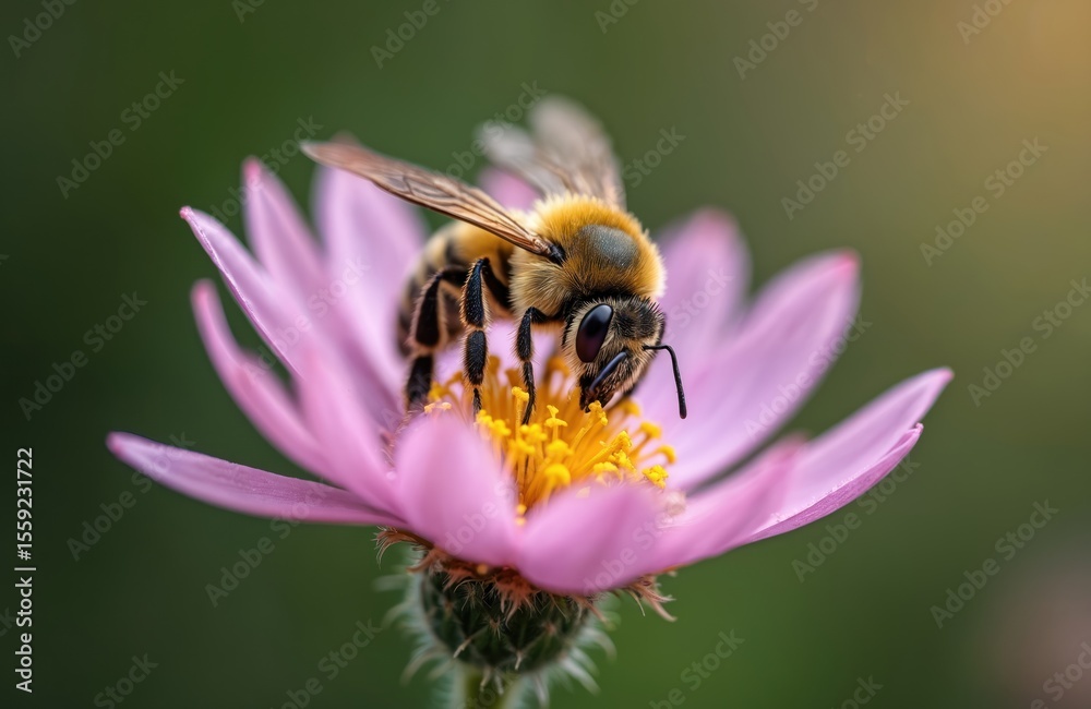 Willugby leafcutter bee Megachile willughbiella collects nectar pollen from pink cornflower. Insect pollinates wild plant. Botanical illustration of bee, blossom, spring theme. Macro photo with soft Willugby leafcutter bee Megachile willughbiella collects nectar pollen from pink cornflower. Insect pollinates wild plant. Botanical illustration of bee, blossom, spring theme. Macro photo with soft
