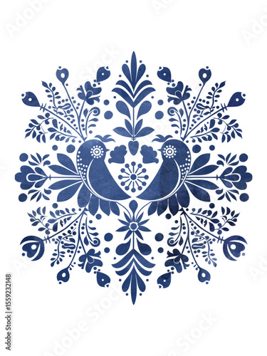 Watercolor illustration with flowers, birds, leaves. Botanical pattern