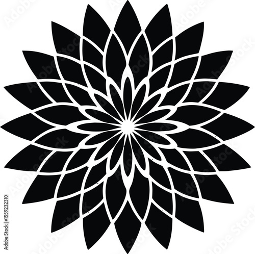 Geometric Flower Silhouette: A captivating, symmetrical geometric design of a flower in a bold black silhouette, radiating elegance and artistic flair.