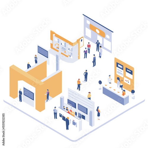 Isometric illustration of people interacting at a modern exhibition or trade show booths