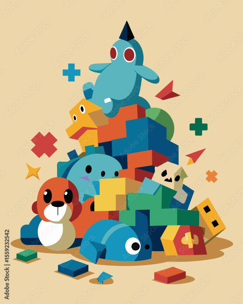 Fototapeta premium A mound of old toys once cherished and played with now broken and missing pieces a sad reminder of childhood memories.. Vector illustration