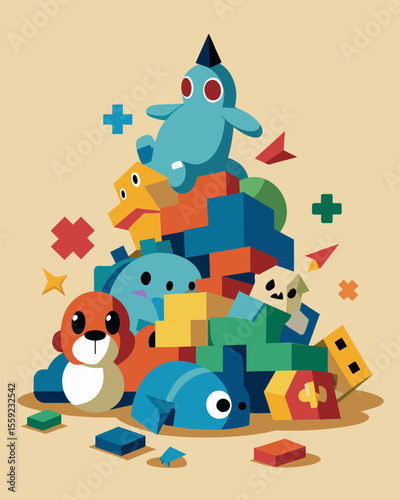 A mound of old toys once cherished and played with now broken and missing pieces a sad reminder of childhood memories.. Vector illustration
