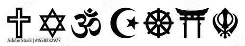 Set vector icons featuring symbols of major world religions including Christianity, Judaism, Hinduism, Islam, Buddhism, Shintoism, and Sikhism. Clean design on white background.