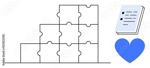 Stacked puzzle pieces build a structure alongside documents and a heart symbol, symbolizing teamwork, problem solving, organization, compassion, strategic planning, goal achievement, simple landing