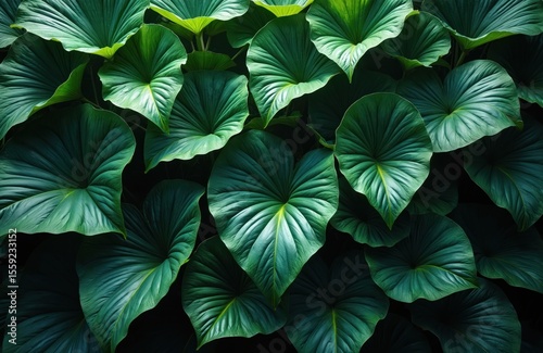 Close-up view of tropical green leaves. Rich foliage with textured leaf patterns, vibrant colors. Natural organic eco background, ideal for wellness eco-friendly, summer fresh design.