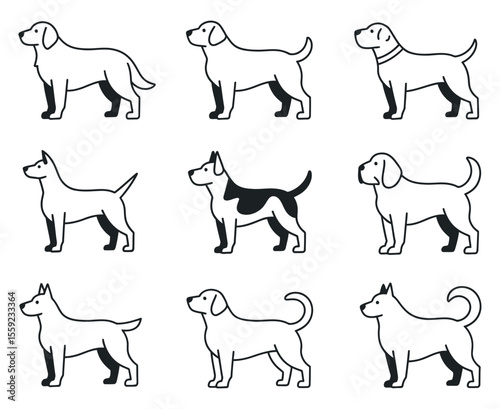 Collection of various dog breeds in outline style