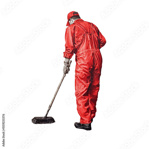 Custodian in Red: A dedicated custodian, clad in a striking red jumpsuit, meticulously sweeps with a long-handled broom. This illustration embodies the essence of manual labor and diligent effort.