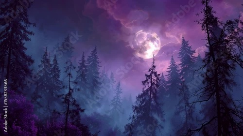 A dark forest landscape under a full moon with purple and blue hues