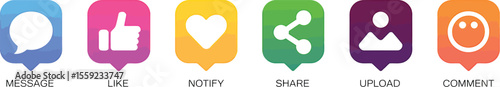 A row of colorful social media icons including message like notify share upload comment