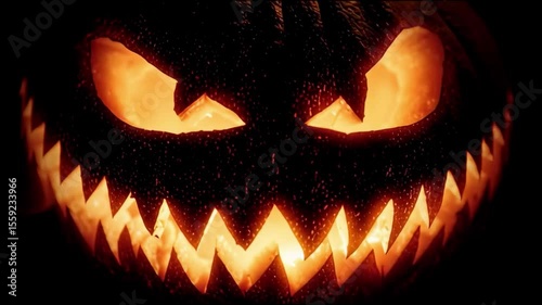 A glowing jack o lantern with a sinister expression in the dark night