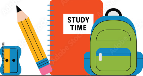 A cartoon image of school supplies including a backpack and a notebook labeled time