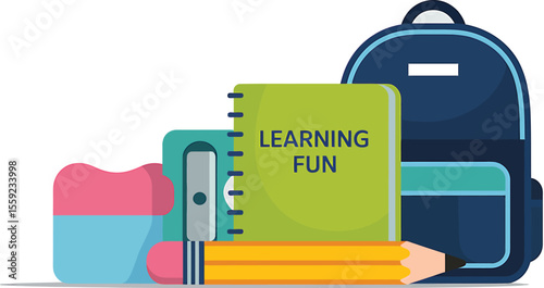 Illustration of school supplies including a backpack and learning materials book
