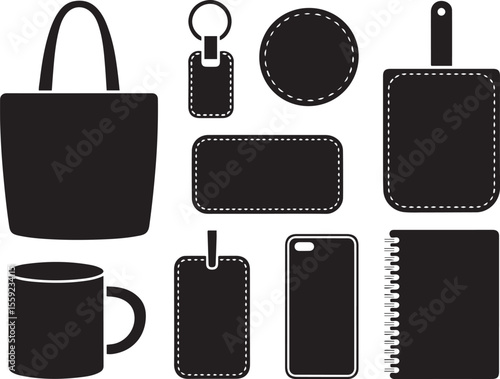 A collection of black silhouettes representing various promotional items.