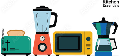 Illustration of kitchen appliances including toaster blender microwave and coffee pot