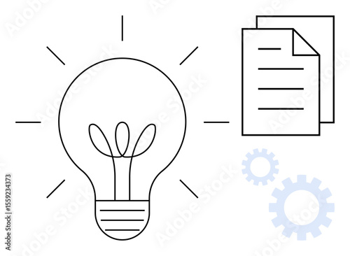 Light bulb with radiating lines, stacked documents, and gears representing innovation, productivity, planning, workflow, brainstorming, solutions, and teamwork in a simple flat metaphor
