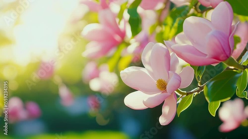 Pink magnolia flowers blooming on a tree branch in a sunny spring garden. Nature and floral background concept. Footage for a wedding video, seasonal promotion or a wellness themed presentation