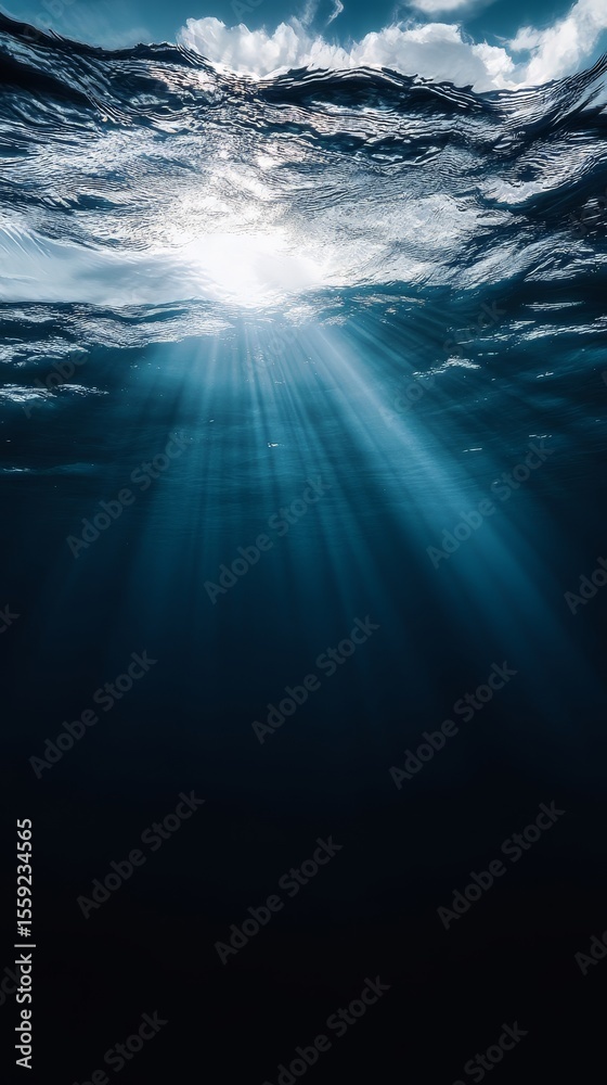 Obraz premium Sunlight shining through the water. The water is clear and blue. The sun is in the sky