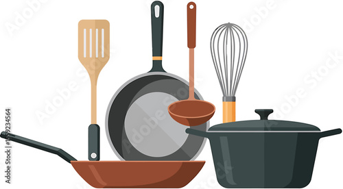 Illustration of kitchen utensils including pans pot ladle spatula and whisk on white