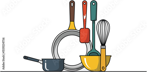 Illustrated kitchen utensils including pans spatulas and a whisk on a light background
