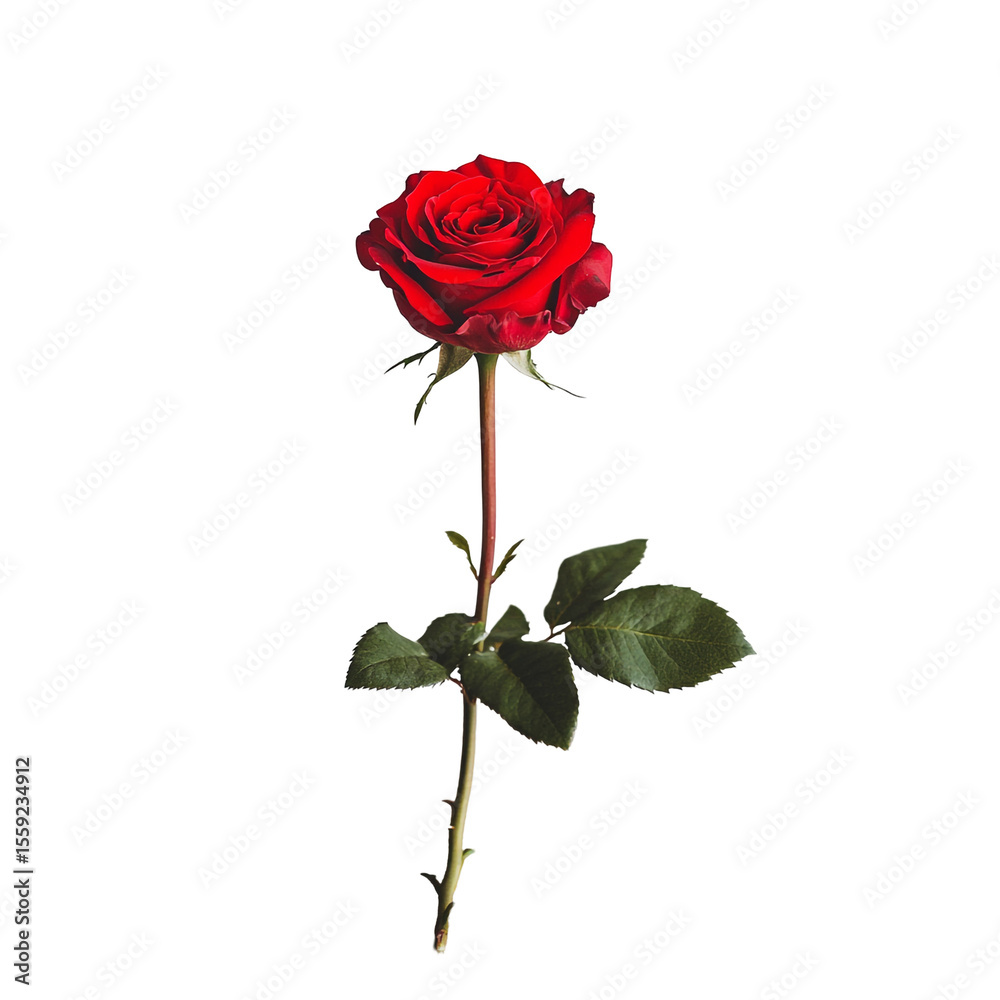 Fototapeta premium Single red rose on black background beautiful flower stem leaves nature photography