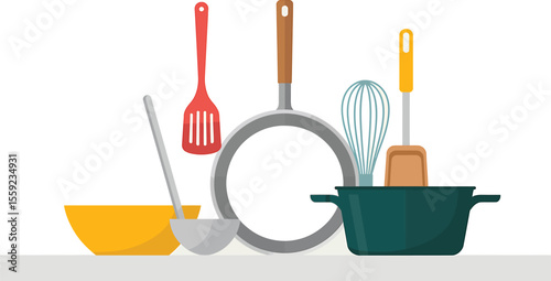Illustration of various kitchen utensils including bowls and cooking tools set up