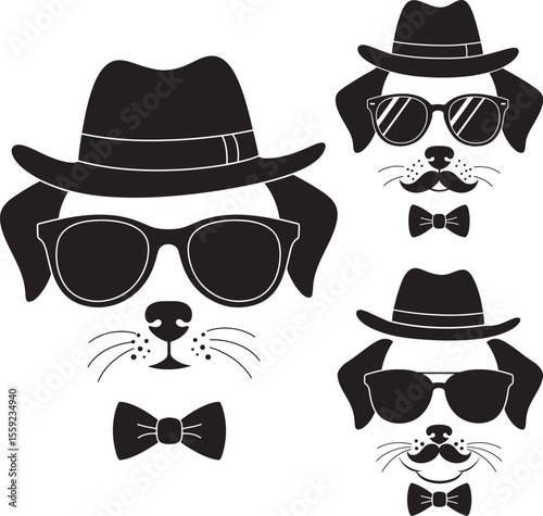 Cute Dog Muzzle in Hat and Glasses Silhouette Vector Set vector illustration