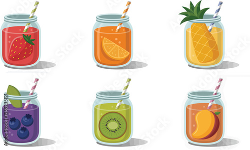 Illustration of six mason jars filled with various fruit juices and straws inside