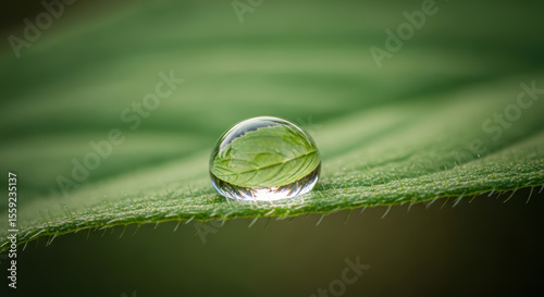 Close-up of a sparkling water droplet on a green leaf, reflecting the surrounding world and symbolizing nature's purity.