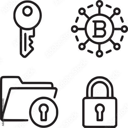 Line art depicting a key, bitcoin symbol, folder with lock, and a padlock on a white background