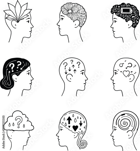 Cognitive Emblem Grid Depicting Mental Processes and Emotional States through Symbolic Silhouettes