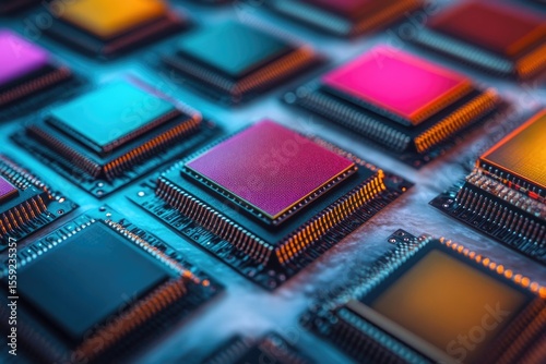Colorful microchips arranged closely showcase intricate circuitry and advanced technology, suggesting innovation and processing power.