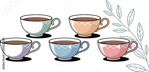 Five pastel colored tea cups filled with tea with a plant design on the background