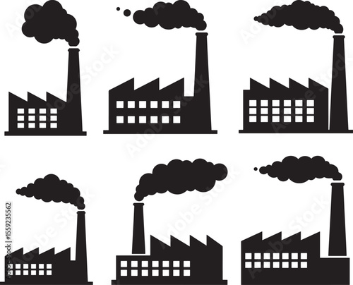 Factory Industrial Building Silhouette Set on White Background vector illustration
