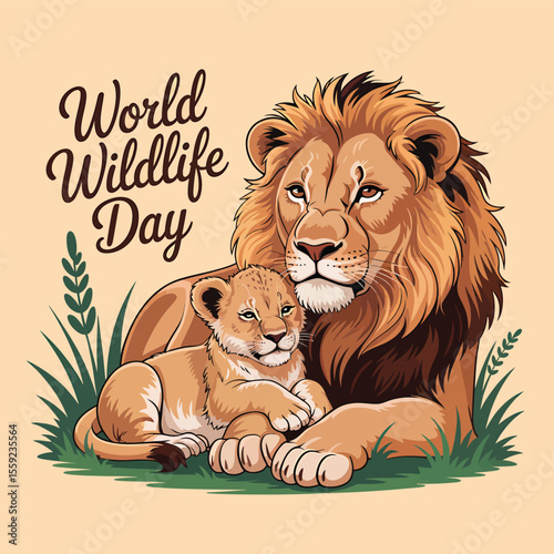 World wildlife day lion and cub illustration for conservation awareness and animal protection campaign