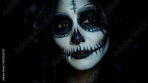 Close up of a woman with white face paint and dark eye makeup in dark