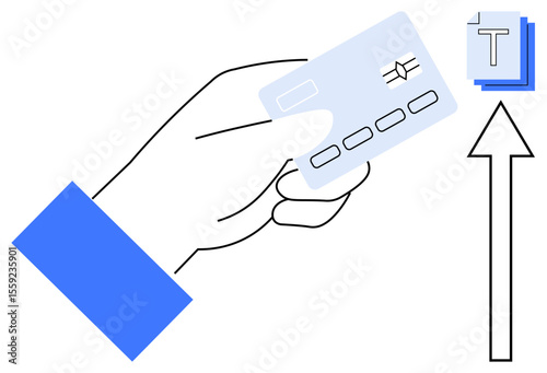Hand holding a credit card near a stack of papers and upward arrow indicating transaction, development, or progress. Ideal for finance, payment, growth, business, commerce, success simple landing
