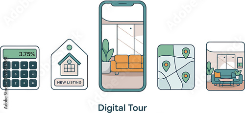 Illustration of real estate icons including calculator phone map and house icon