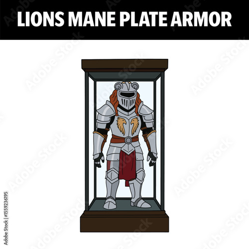 Cartoon Lion’s Mane Plate Armor Vector Illustration – Fantasy Lion Knight Suit in Display Case
