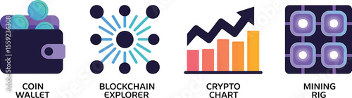 Illustration of cryptocurrency elements featuring wallet chart explorer and mining