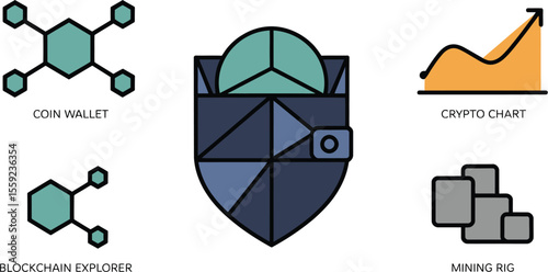 Illustration of blockchain technology and cryptocurrency related icons on gray background