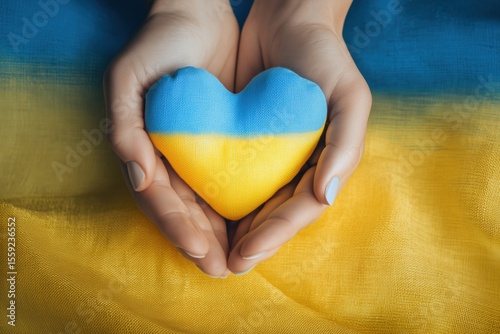 Hands gently hold a heart painted in the colors of the Ukrainian flag against a matching blue and yellow backdrop