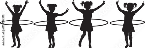 Girl Spinning Hula Hoop Silhouette Vector Set vector illustration