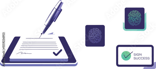 Illustration of pen signing document with fingerprints and sign success icon