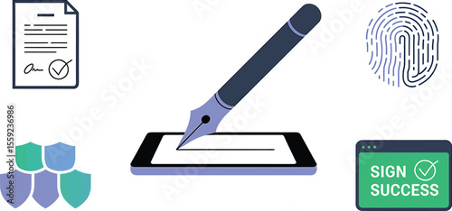 Illustration of digital signature process with document and fingerprint icons