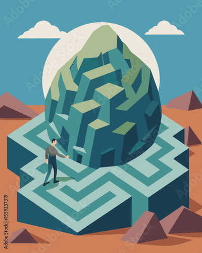 At the center of the maze lies a giant boulder blocking the exit representing the overwhelming weight of stress.. Vector illustration