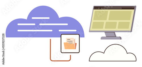 Cloud with document folder linked to monitor displaying web interface. Ideal for cloud computing, data management, online storage, digital sharing, web connectivity, file access, simple flat metaphor